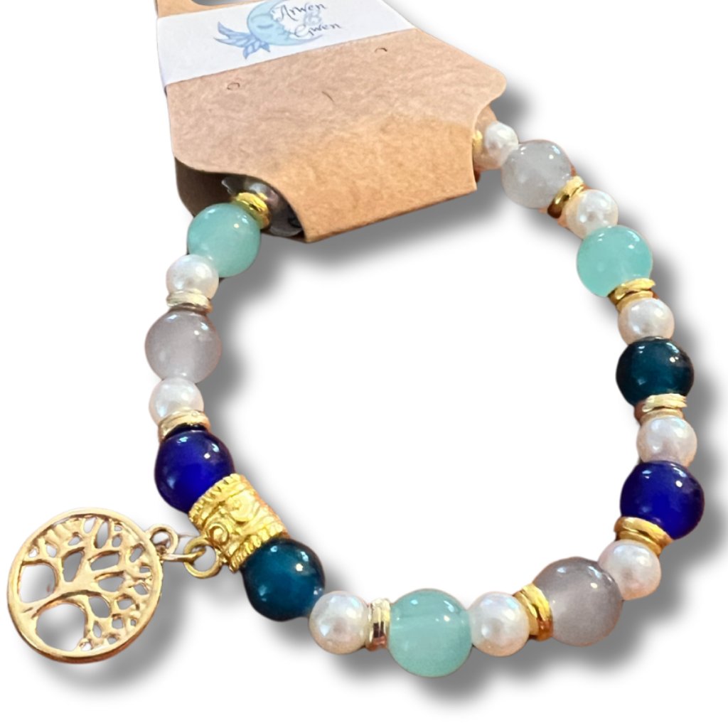 Blue Green Glass Beaded Stretchy Bracelet W/ Tree Of Life Charm, Gold Accents